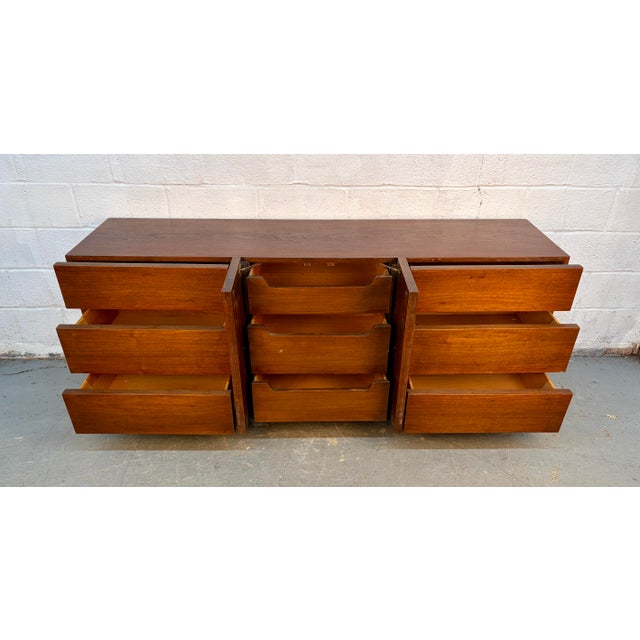 Mid 20th Century Modern American of Martinsville Walnut "Diamond" Triple Lowboy Dresser For Sale - Image 10 of 16