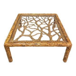 1970s Vintage Faux Bois Tree and Branches Square Coffee Table Made in France For Sale