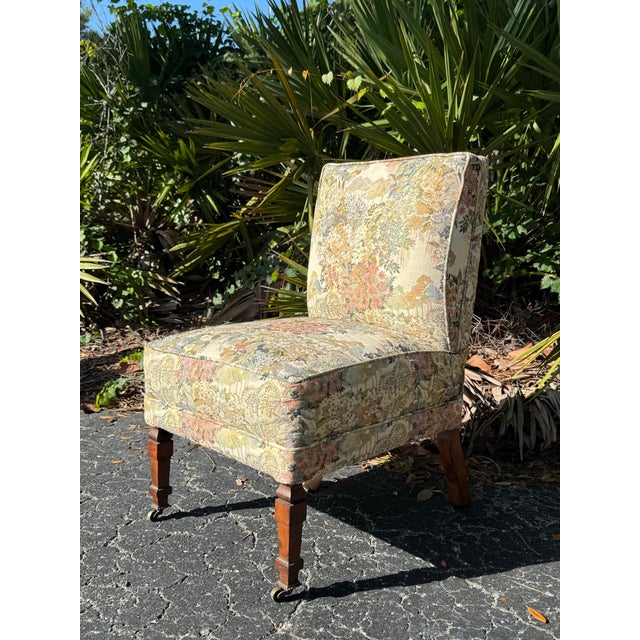 Vintage Floral Upholstered Slipper Chair | Armless Accent Chair With Carved Wood Legs For Sale - Image 11 of 11