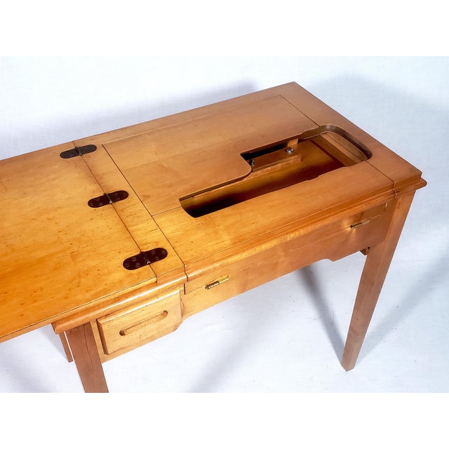 Vintage Original Mid-Century Modern All Wood Maple Finish Sewing Machine Cabinet With Flip-Down Top & Pull Out Drawer For Sale In Baltimore - Image 6 of 14