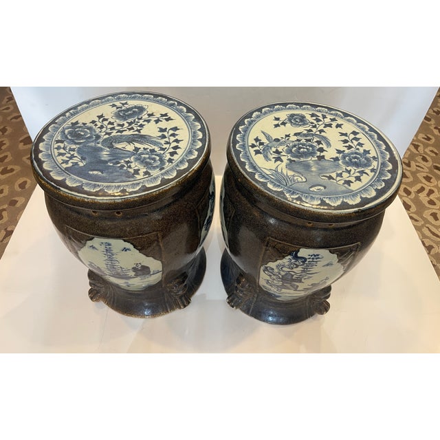 This a wonderful example of a Chinese export pair of small Brown Glaze and Blue & White Garden Seats. This brown glaze is...