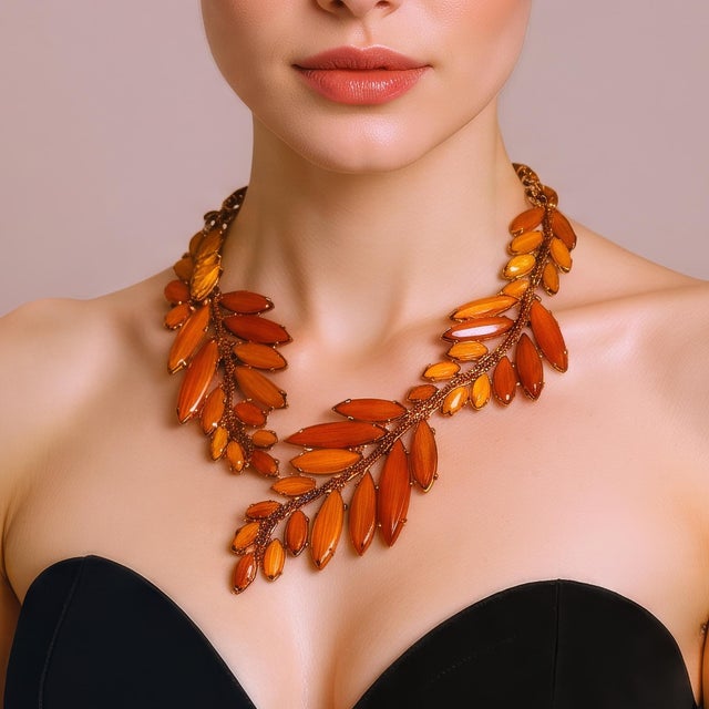 Oscar de la Renta 22k gold plated orange amber resin leaf statement necklace with adjustable extender chain. Luxury...