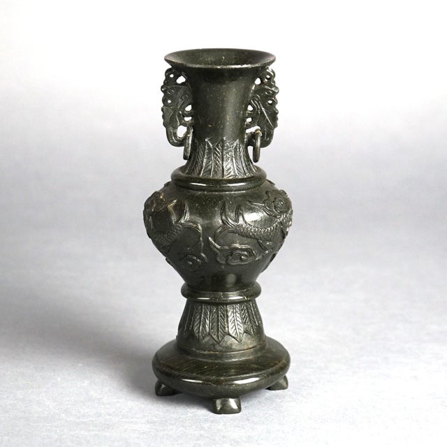 Chinese Antique Chinese Carved Hard Stone Double Handle Urn in Relief with Dragons, Circa 1920 For Sale - Image 3 of 8