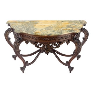 Regency Revival Heavily Fine Carved Stretcher Base Marble Top Console Table MINT For Sale