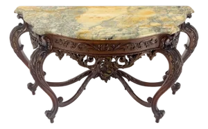 Regency Revival Heavily Fine Carved Stretcher Base Marble Top Console Table MINT
