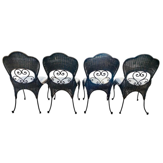 1990s Bassett Wrought Iron and Woven Wicker Rattan Table & 4 Peacock Style Chairs Dining Set For Sale - Image 11 of 12