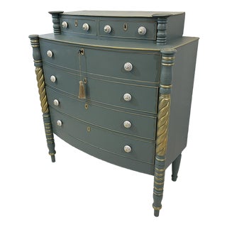 Antique Sheraton Style Bowfront Chest of Six Drawers With Locks and Key, New Paint and Knobs For Sale