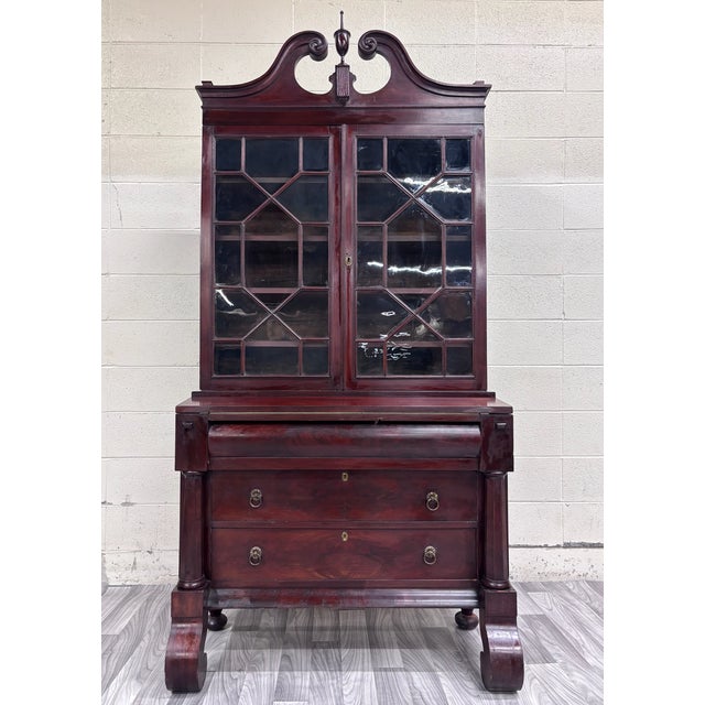 Antique Empire Flame Mahogany Secretary Desk and Bookcase For Sale - Image 16 of 18