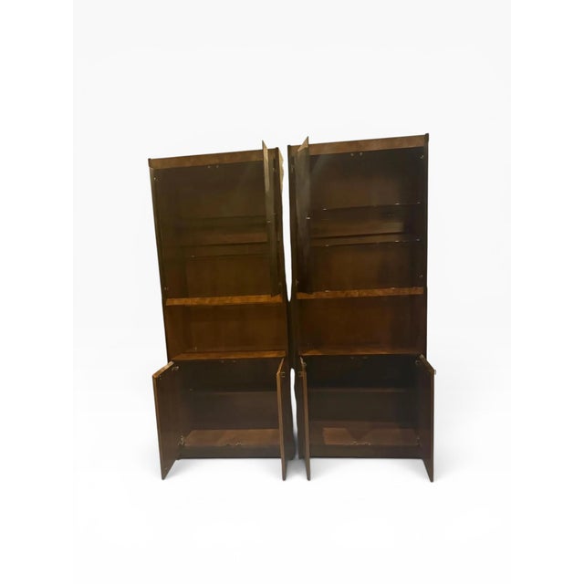 Century Furniture 1970s Pair of Vintage Century Furniture Illuminated Display Cabinets – Burl Wood & Brass – Hollywood Regency Style For Sale - Image 4 of 14