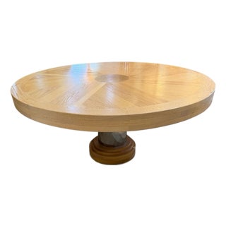 Vintage Art Deco Inspired 66” Blonde Oak Pedestal Dining Table With Chrome Accents For Sale