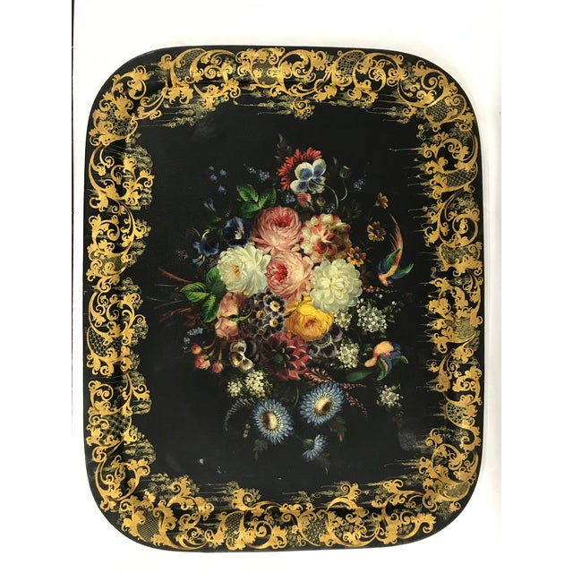 Napoleon III Painted Tray on Custom Art Deco Wrought Iron Stand For Sale - Image 9 of 9