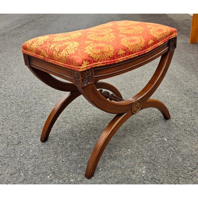 Mid 20th Century Kindel Furniture Walnut and Upholstered Curule Bench. Refinished. Comfortable Dry - fast open Cell Foam...