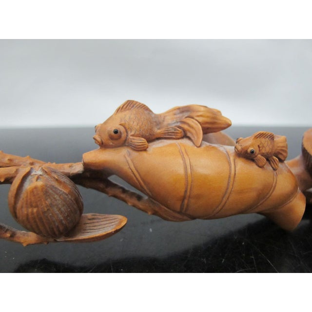 Chinese Hand Carved Boxwood Wood Lotus Ruyi Scepter With Small Fish on Pods For Sale - Image 4 of 8