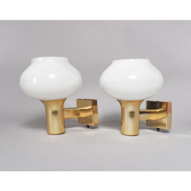 Metal Vintage British Gold and Opaline Glass Wall Lamps, 1970s, Set of 2 For Sale - Image 7 of 7
