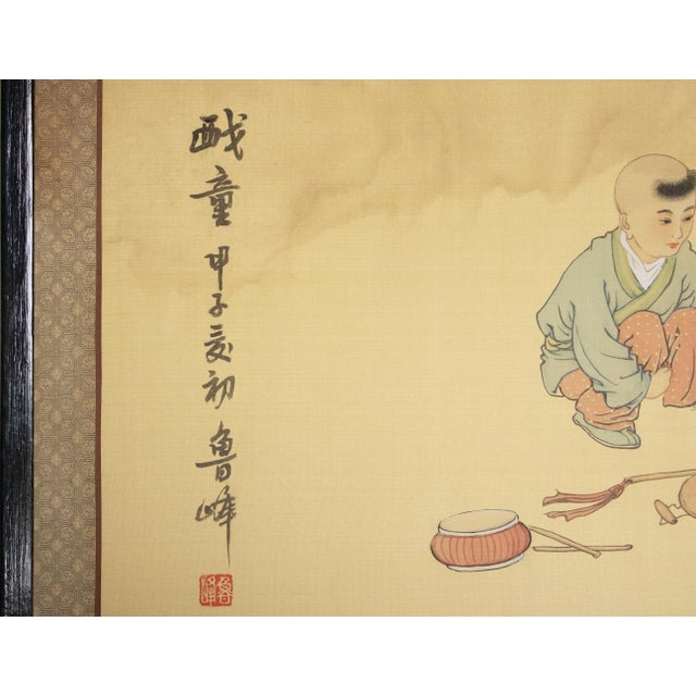 "Hide-and-Seek" by Lu Feng, Vintage Chinese Painted Silk Screen For Sale - Image 15 of 18