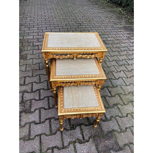 Late 20c French Louis XVI Gold Beech Marble Nesting Tables - 3 PCS For Sale - Image 10 of 18