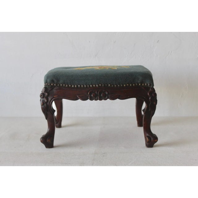 Late 20th Century Vintage French Country Louis XV Style Carved Wood Needlepoint Footstool Ottoman Nailhead Detail For Sale - Image 5 of 12