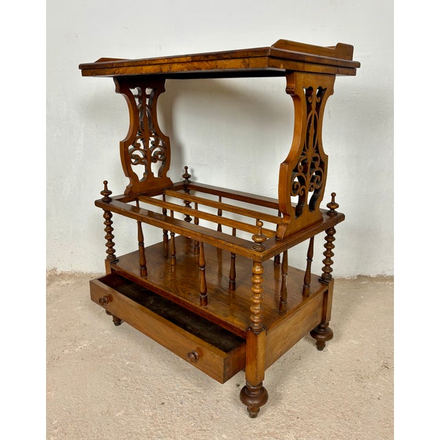 Victorian Walnut Canterbury Magazine Rack with Tray Top, 1930 For Sale - Image 6 of 11