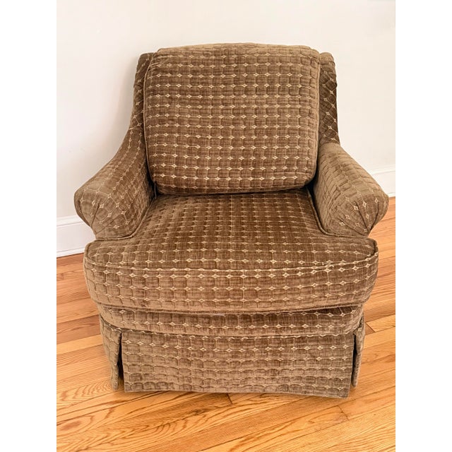 This cozy early 21st century brown chenille armchair is custom-upholstered in a small diamond lattice pattern. It features...