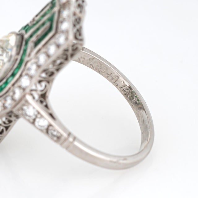 Metal Vintage Art Deco 2.16ct Diamond Ring Calibre Emeralds Sz 7 Platinum Elongated For Sale - Image 7 of 7