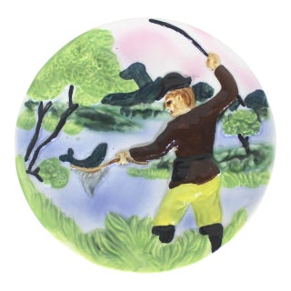 Vintage Hand Painted Ceramic Wall Hanging Fishing Plate Folk Art For Sale