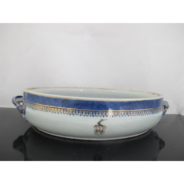 Ceramic Chinese Export Canton Blue Nanking Village Armorial Porcelain Serving Bowl For Sale - Image 7 of 14