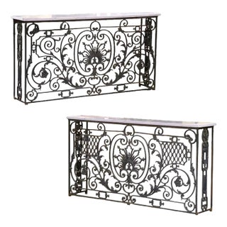 Pair of 19th C. French Louis XV Iron Console Tables With Marble Tops For Sale