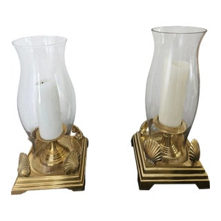 Brass and Glass Candle Hurricanes With Shell Motif- an Assembled Pair For Sale