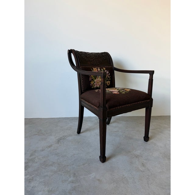 1900 - 1909 Antique French Neoclassical Carved Mahogany Armchair With Floral Needlepoint Upholstery For Sale - Image 5 of 13