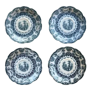 Antique English Sampson Hancock & Sons Saucer Set in Flow Blue Valencia - Set of 4