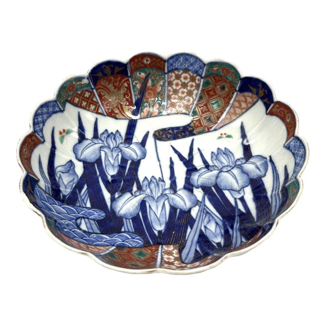 19th Century Japanese Meiji Imari Kinrande Porcelain Scalloped Iris Bowl 10 Inch For Sale