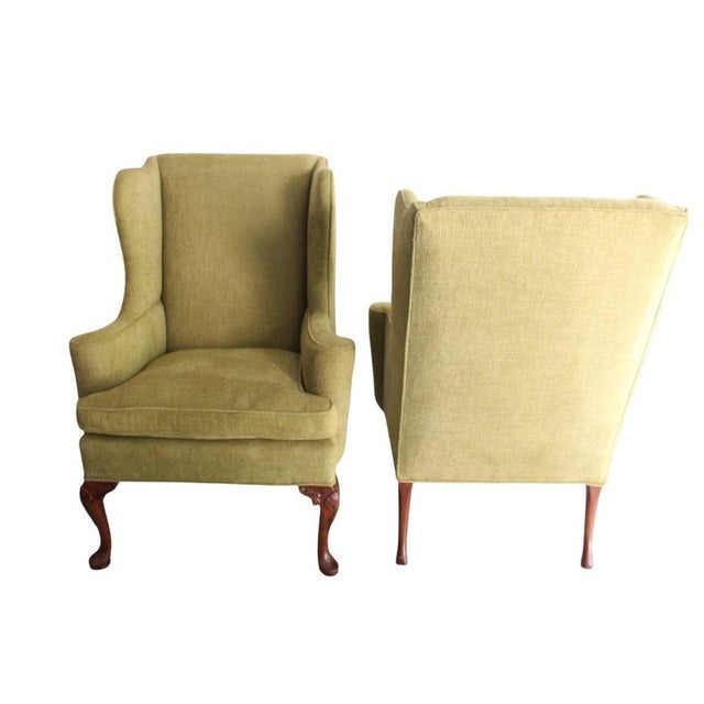 Vintage Queen Anne Style Chenille Wingback Chairs - Set of 2 For Sale - Image 4 of 14