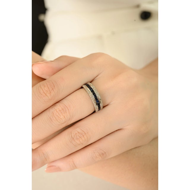 Modernist Sapphire & Diamond Stackable Band Ring in 925 Silver- Size 8.5 For Sale - Image 4 of 11