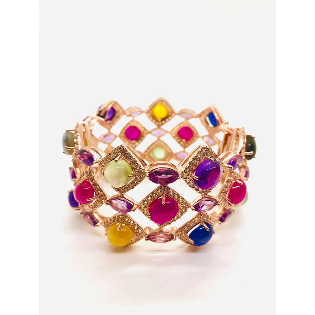 Gemstone Bochic “Capri” Vintage Ruby & Multi Sapphire Bangle Set In 18K Gold & Silver For Sale - Image 7 of 10