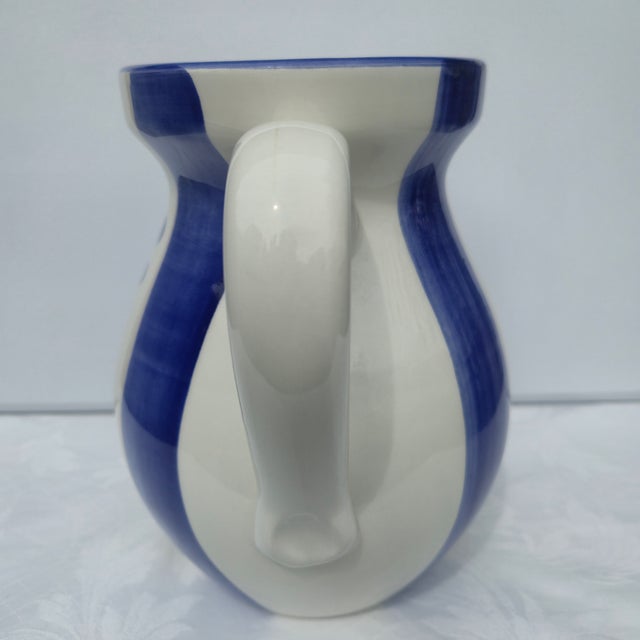 Vintage Hand-Painted Italian Blue & White Ceramic Pitcher | Mediterranean Farmhouse Artisanal Pottery Vase For Sale - Image 11 of 11