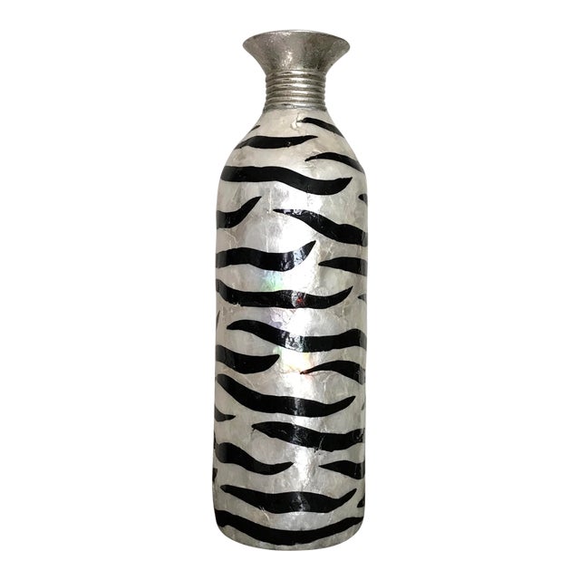 Zebra Wildlife Print Mother Of Pearl Shell Black And White Vase