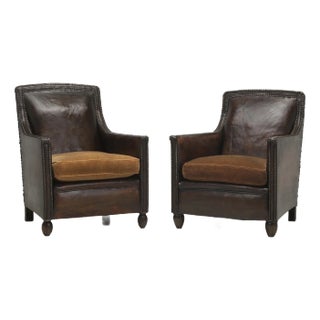 French Leather Club Chairs 1920's Original Velvet Cushions For Sale