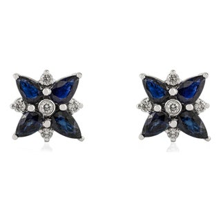 VRJewels 1.9Ct Blue Sapphire & Diamond Floral Stud Earrings in 14k White Gold- A Pair For Sale