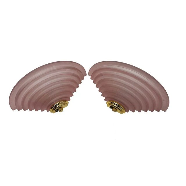 Stepped Glass Salmon Pink and Brass Glass Wall Lamps, 1980s, Set of 2 For Sale - Image 12 of 12