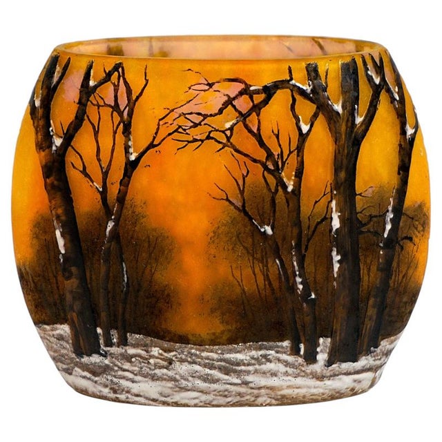 Brown Art Nouveau Cameo Vase with Winter Landscape by Daum Nancy, France, 1900 For Sale - Image 8 of 8