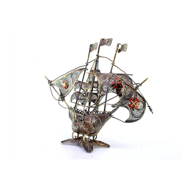 Silver Filigree Caravel with Flags and Maltese Crosses Sails in Relief For Sale - Image 6 of 8