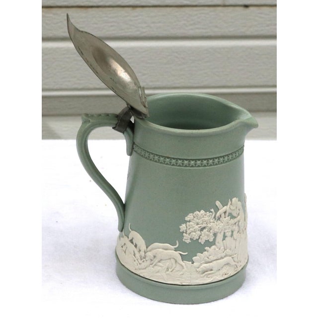 Light Green 19th Century English Brownhills Hunting Scene Jasperware Jug With Pewter Lid For Sale - Image 8 of 13