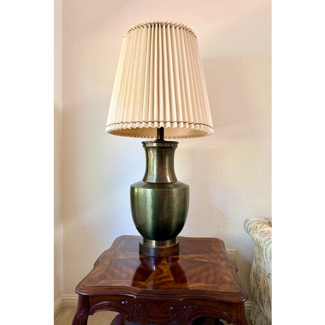 Mid-Century Modern Vintage Mid-Century Modern Hand-Spun Solid Brass Table Lamp With Original Pleated Shade For Sale - Image 3 of 7