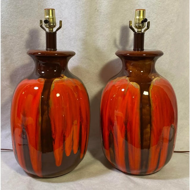 Vintage Orange and Brown Drip Glaze Ceramic Lamp - a Pair For Sale - Image 4 of 6