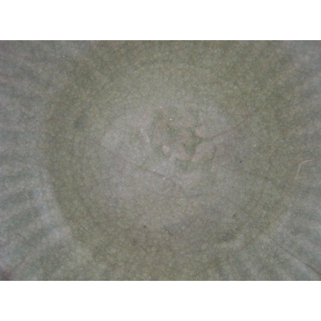 Chinese Chinese Longquan Ming Style Celadon Olive Green Fluted Shallow Bowl Dish For Sale - Image 3 of 9