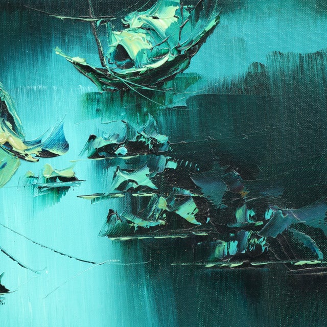 Asian Vintage Framed Oil Painting Asian Fishing Sail Boats Under the Moonlight Signed For Sale - Image 3 of 6