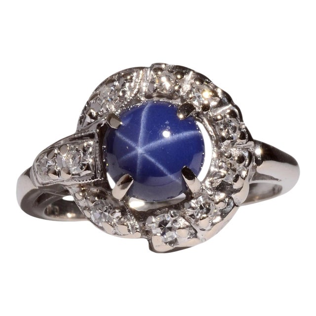 Early 21st Century Synthetic Star Sapphire & Diamond Ring Size 5.5 For Sale