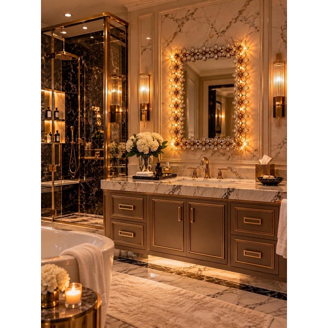 Metal A Vintage Gilt Brass and Crystal Flower With 6 Bulbs Mirror by Palwa. For Sale - Image 7 of 8