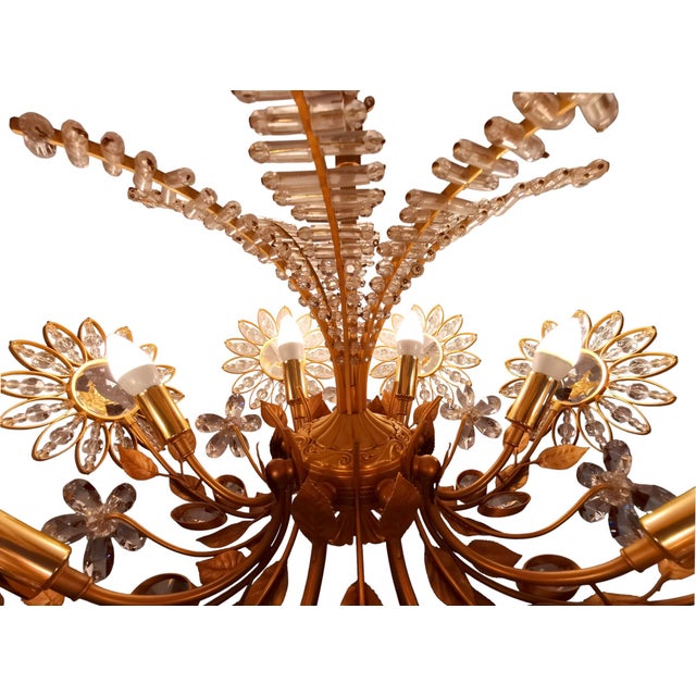 Gold Large Floral Chandelier in Brass and Crystal Glass by Ernst Palme for Palwa, 1970s For Sale - Image 8 of 9