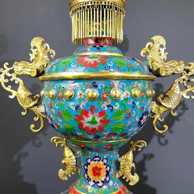 Late 20th Century Late 20th Century Pair of Gilt Bronze Cloisonné Enamel Palace Lantern Incense Burners For Sale - Image 5 of 10